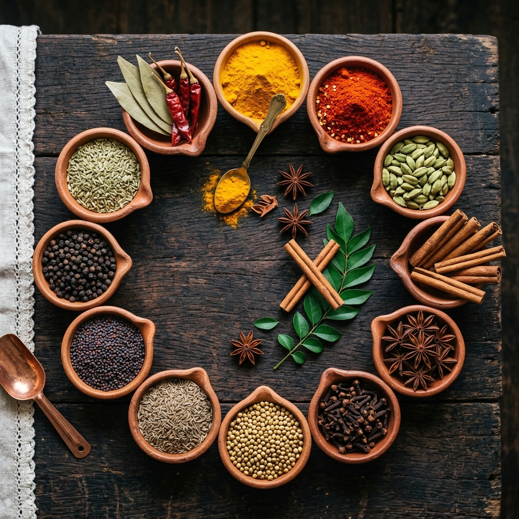 Artistic circle layout of colorful Indian spices